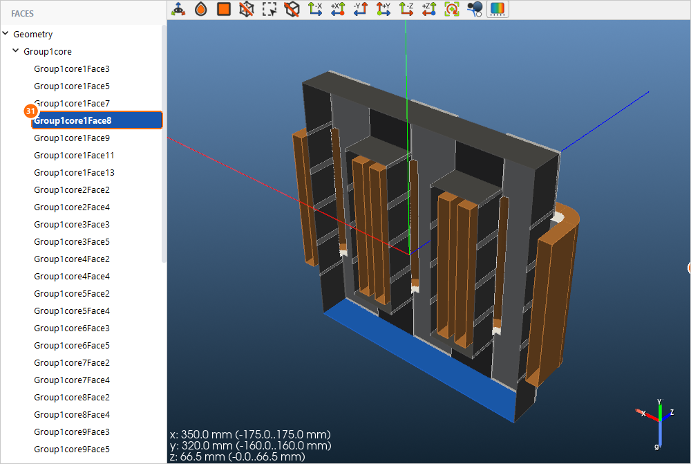 Heat tab with the bottom face of the core selected and highlighted in blue