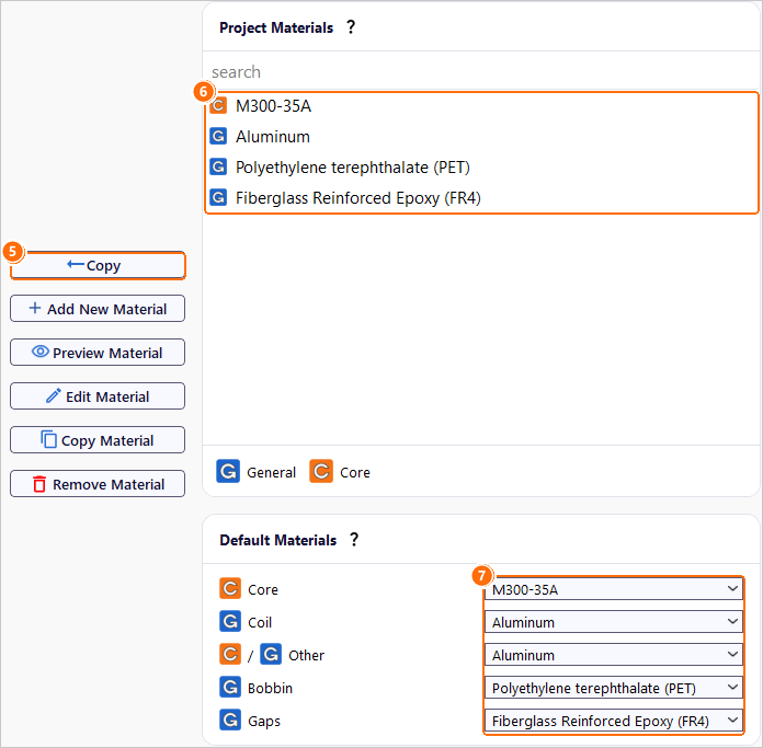 Materials tab with Copy, the four project materials and the default material per component