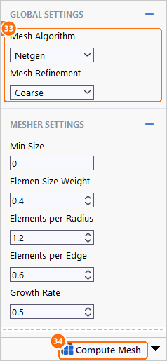 Mesh global and mesher settings with Netgen and Coarse and the Compute Mesh button