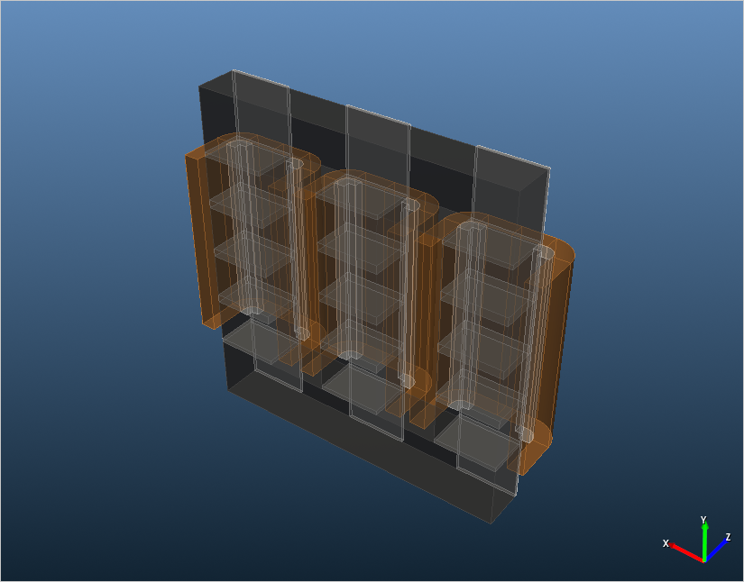 Half model of the three-phase choke with transparent foil windings, brackets and spacers in front of the gapped core