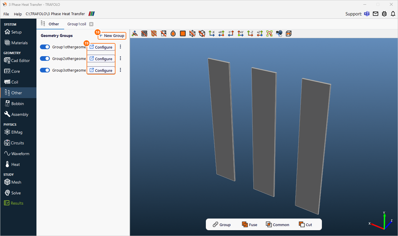 Other tab with New Group and Configure for the three brackets, and the brackets in an angled 3D view