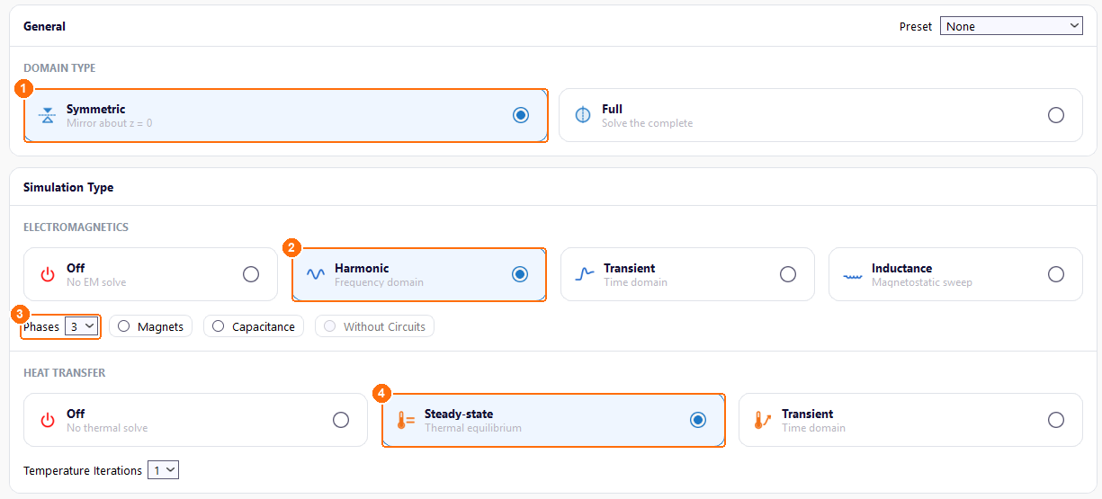 Setup tab with Symmetric, Harmonic, 3 phases and steady-state heat transfer marked