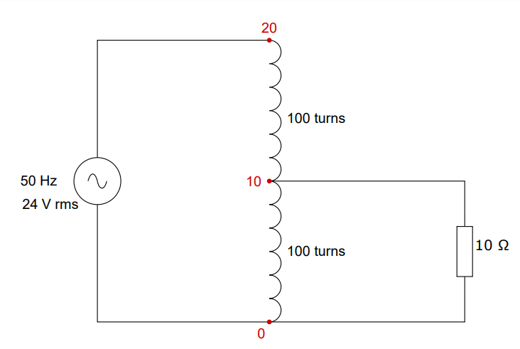 Circuit of the autotransformer with the 24 V source, the two 100-turn winding parts, the 10 ohm load and the node numbers 20, 10 and 0