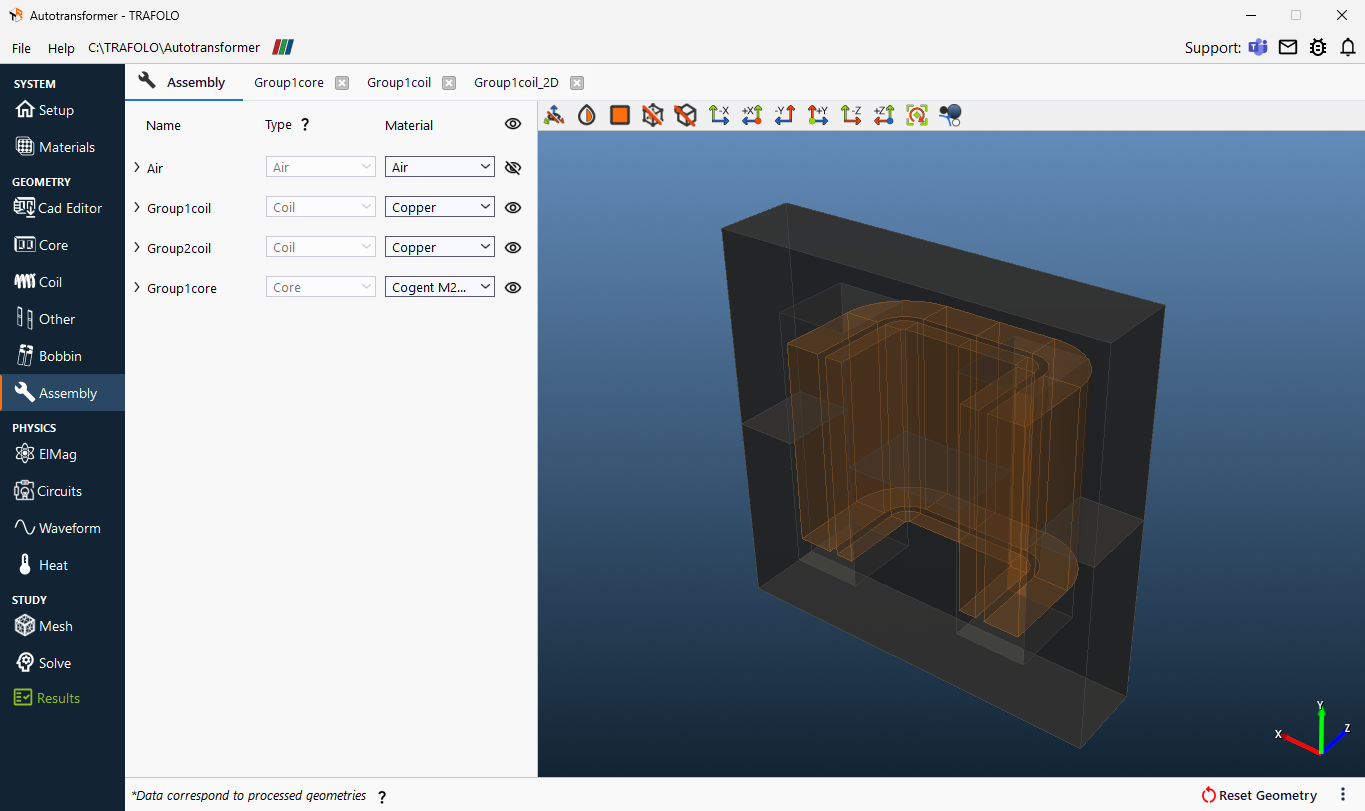 Assembly tab with the bodies and materials, and the assembled half model in an angled 3D view