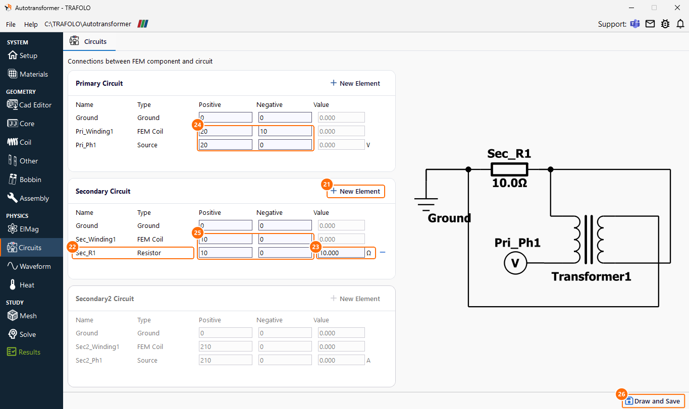 Circuits tab with the source, both winding parts and the 10 ohm load joined at node 10, and Draw and Save