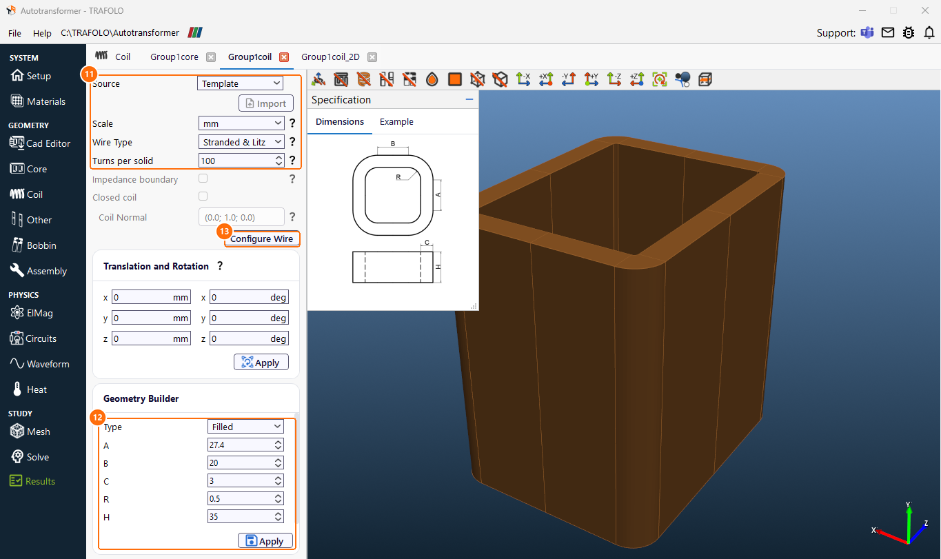 Group1coil tab with Stranded and Litz wire, 100 turns per solid, the Filled Geometry Builder and Configure Wire, and the series part in an angled 3D view