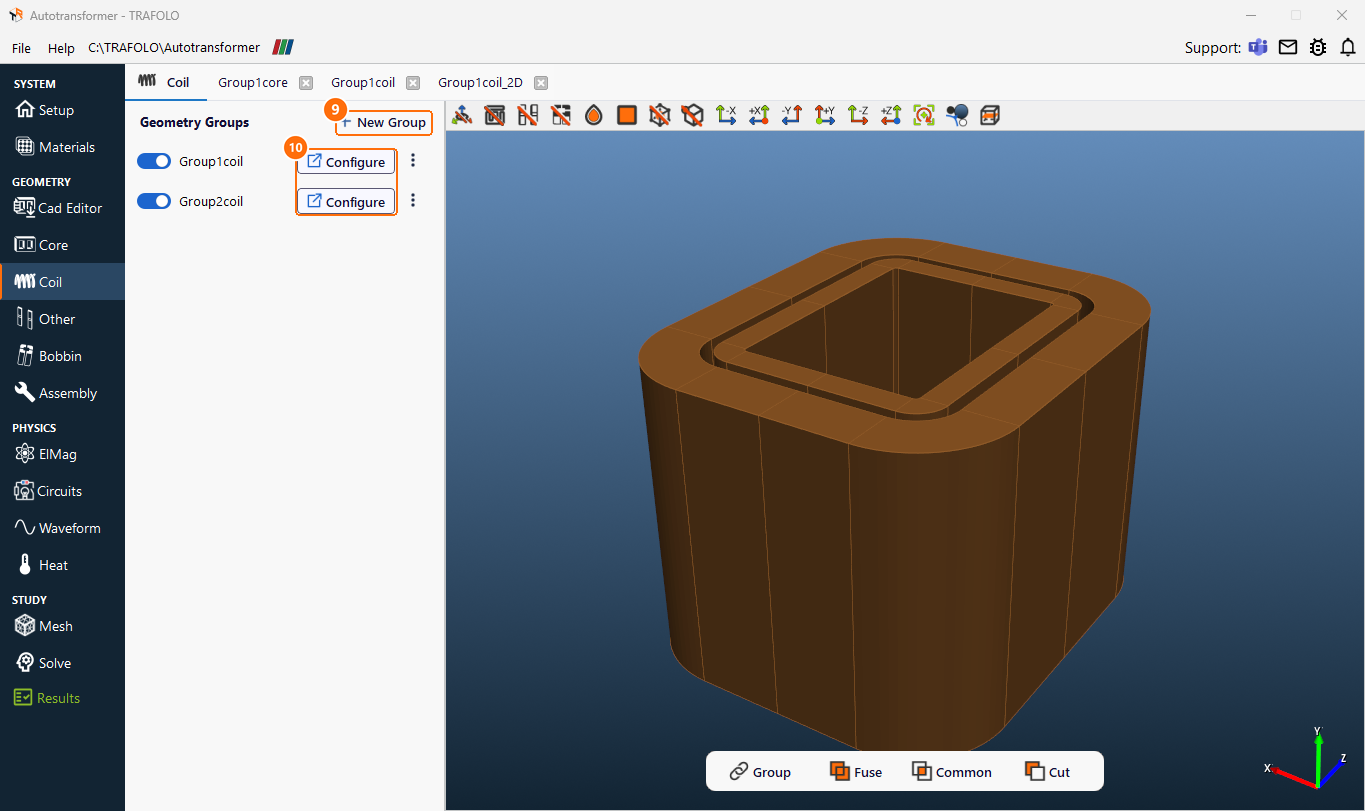 Coil tab with New Group and Configure for both groups, and both winding parts in an angled 3D view