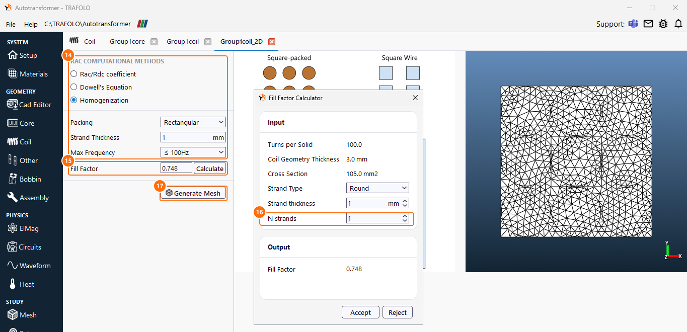 Group1coil_2D tab with Homogenization settings, the Fill Factor Calculator with 1 strand and Generate Mesh
