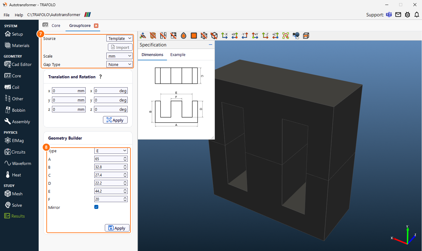 Group1core tab with Source Template, Gap Type None, the E core dimensions and the core in an angled 3D view