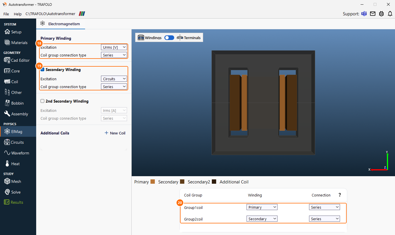 ElMag tab with Urms excitation on the primary, the secondary on Circuits and the coil group table