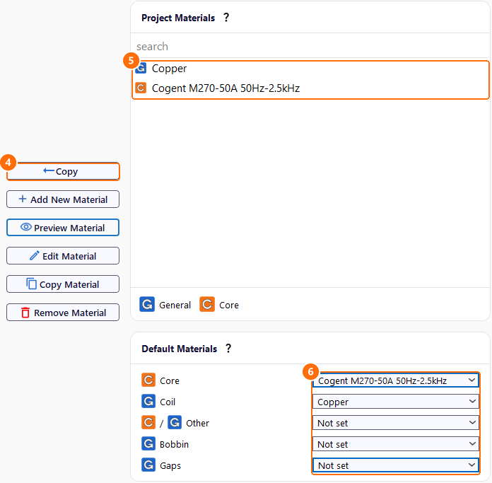Materials tab with Copy, Copper and Cogent M270-50A under Project Materials and the default material of each component