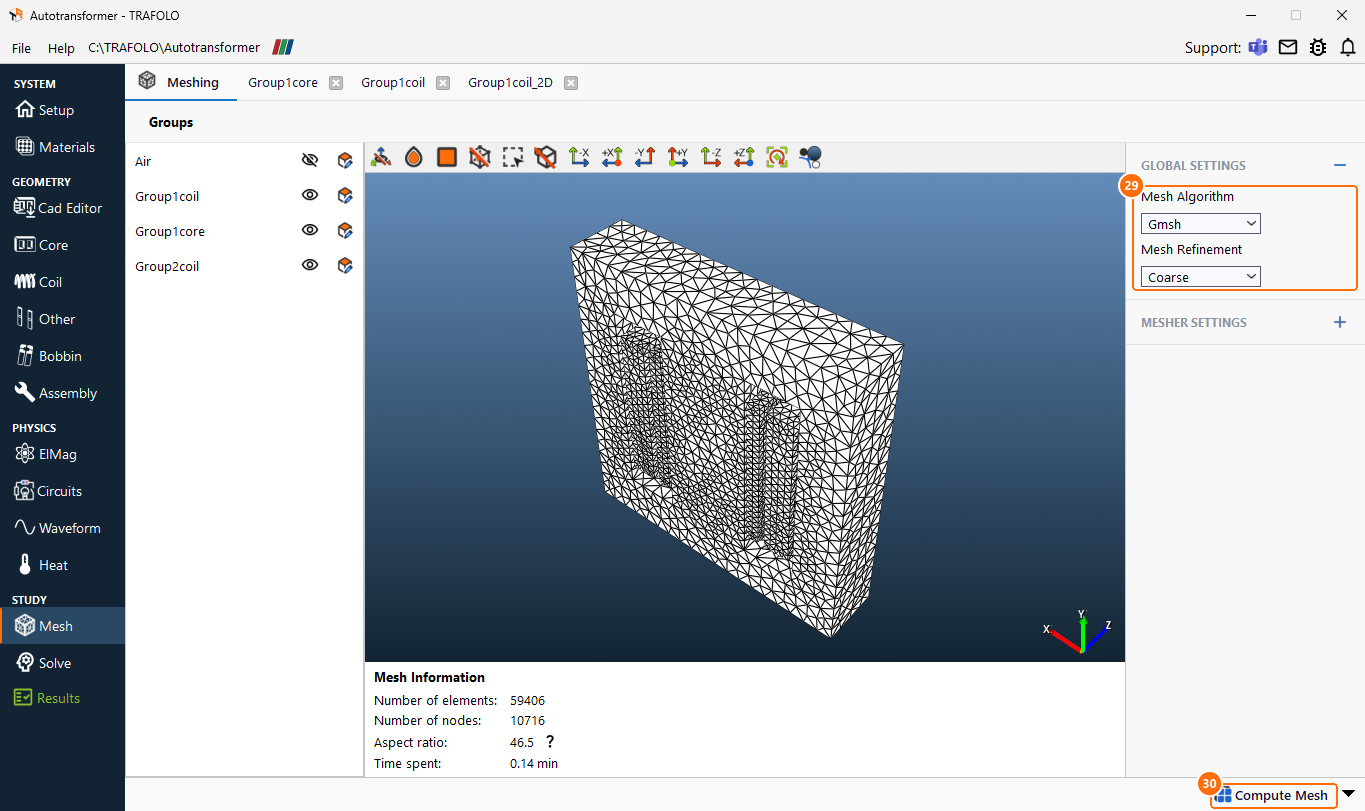 Mesh tab with Mesh Algorithm Gmsh, Mesh Refinement Coarse, Compute Mesh and the mesh of the half model
