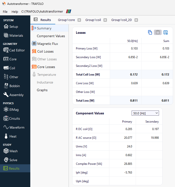 Results tab, Summary with the core, winding and total loss and the DC resistance of each part