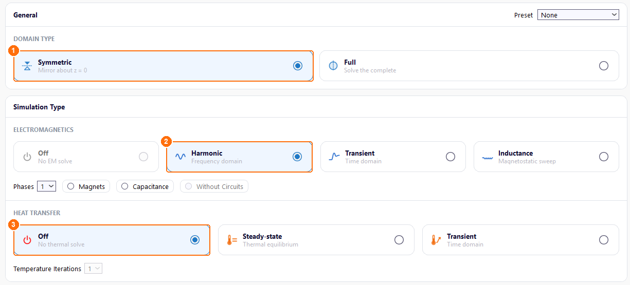 Setup tab with Symmetric, Harmonic and heat transfer Off marked