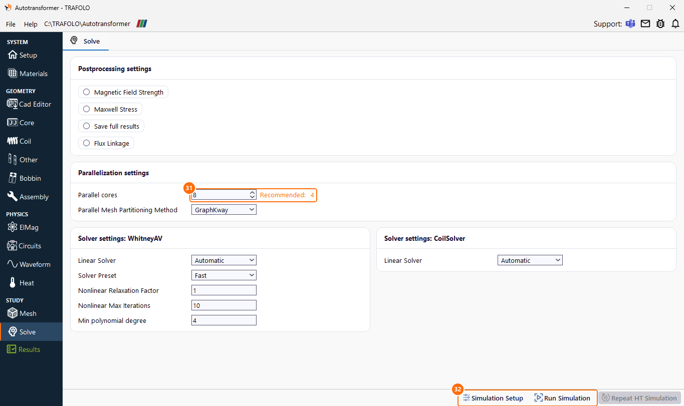 Solve tab with Parallel cores, Simulation Setup and Run Simulation marked