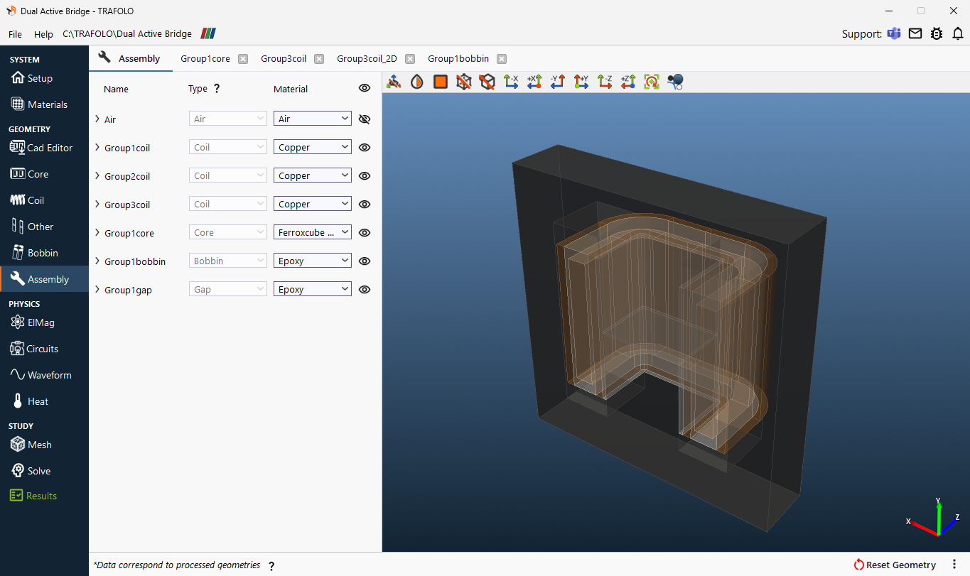 Assembly tab with the bodies and their materials, and the assembled half model in an angled 3D view