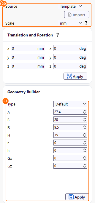 Group1bobbin settings with the Default bobbin dimensions A 27.4, B 20, R 9.5 and H 35