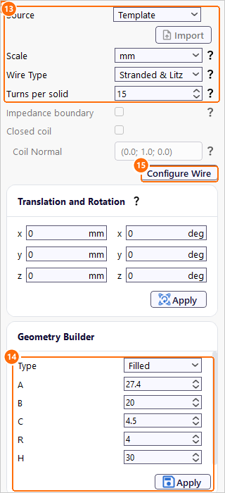 Group3coil settings with Stranded and Litz, 15 turns per solid, the Filled dimensions and Configure Wire