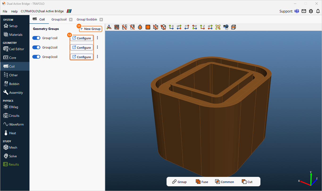 Coil tab with New Group and Configure for the three windings, and the nested windings in an angled 3D view
