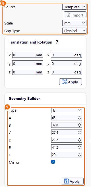 Group1core settings with Source Template, Gap Type Physical and the E core dimensions with Mirror