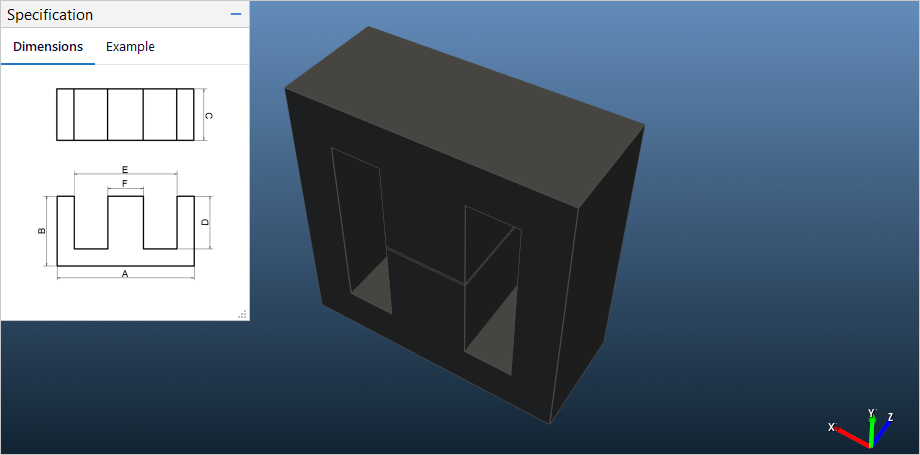 E core pair in an angled 3D view next to the dimension drawing
