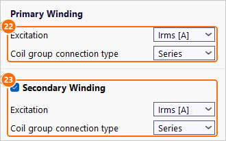 Primary and secondary winding excitation Irms with series connection