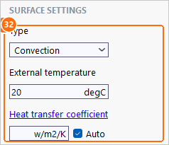 Surface settings with convection, external temperature 20 and Auto heat transfer coefficient