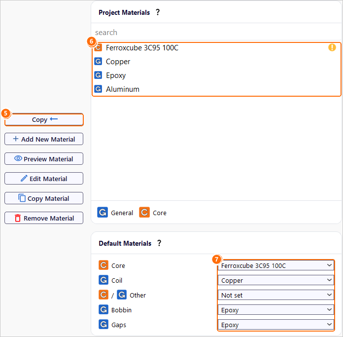 Materials tab with Copy, the project materials and the default material per component
