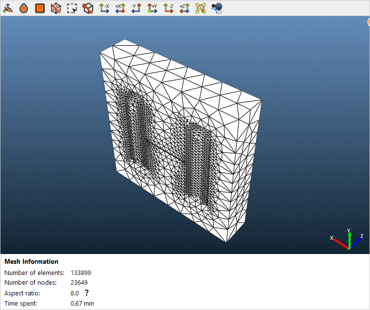 Mesh of the half model of the transformer with the mesh information below