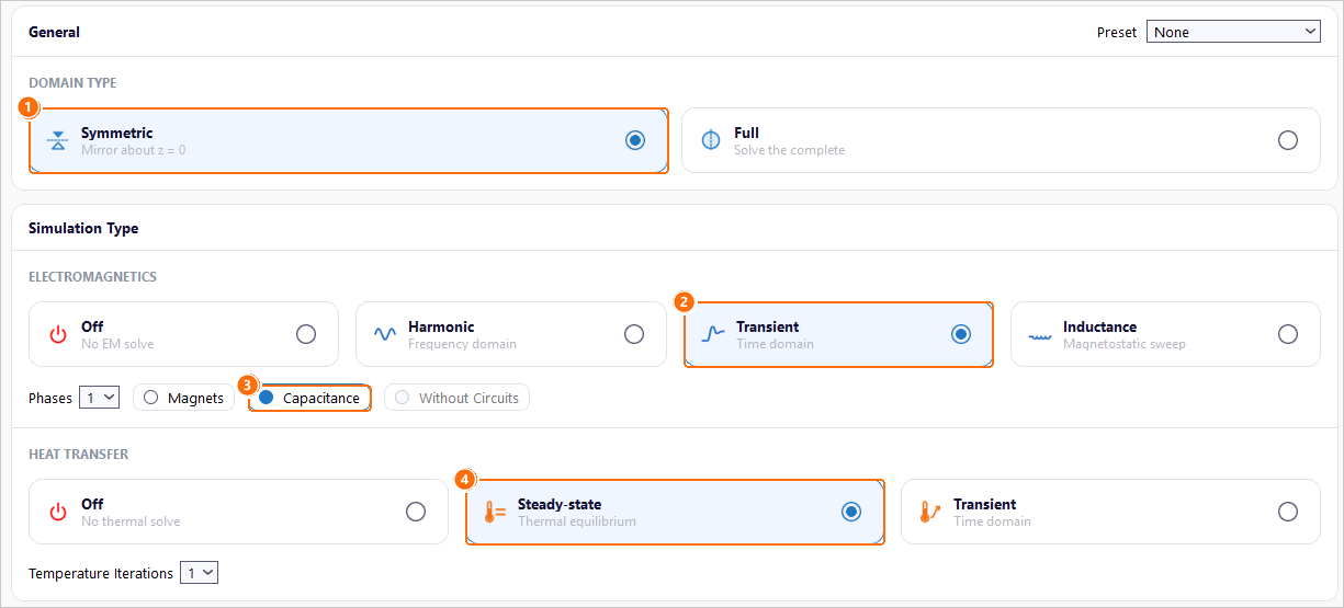 Setup tab with Symmetric, Transient, Capacitance and Steady-state heat transfer marked