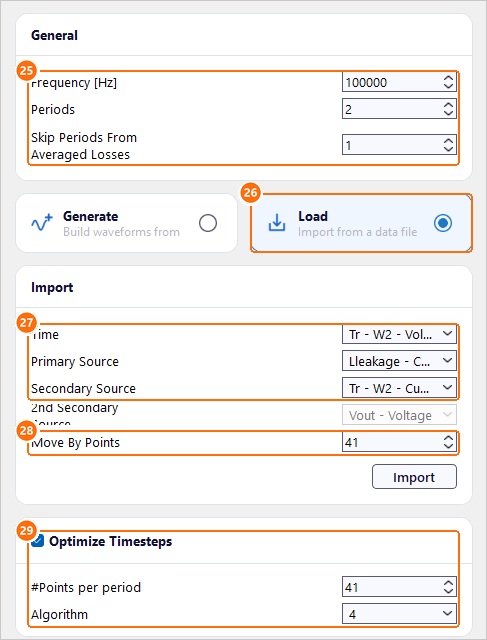 Waveform settings with frequency, periods, Load, the imported columns, Move By Points and Optimize Timesteps