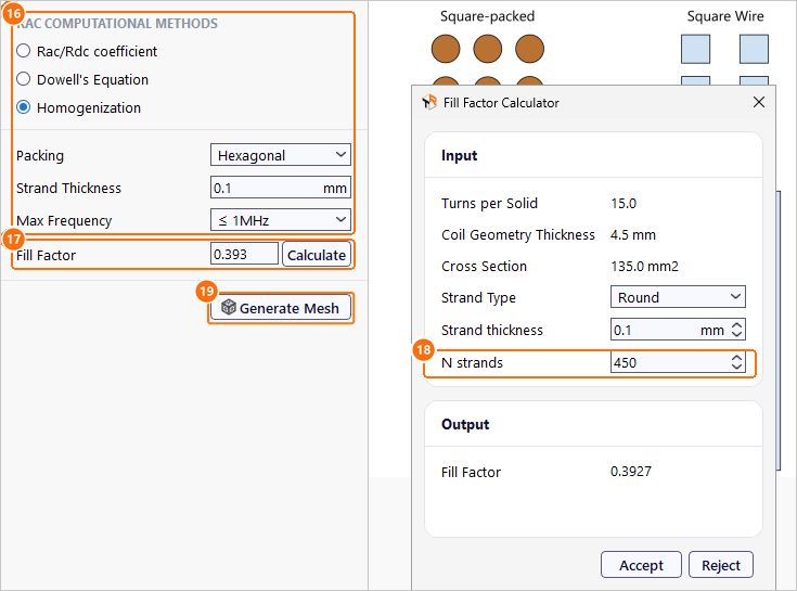 Group3coil_2D with Homogenization settings, the Fill Factor Calculator with 450 strands and Generate Mesh