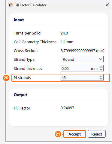 Fill Factor Calculator with 24 turns per solid, 0.05 mm round strands, 45 strands and fill factor 0.24