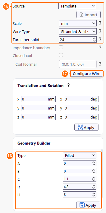 Group1coil settings with Stranded and Litz wire, 24 turns per solid, the Filled Geometry Builder and Configure Wire