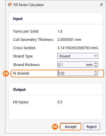 Fill Factor Calculator with 0.1 mm round strands, 120 strands and fill factor 0.3