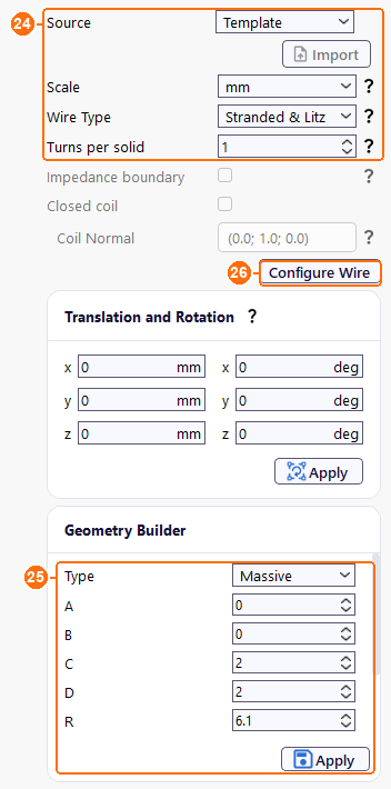Group2coil settings with Stranded and Litz wire, 1 turn per solid, the Massive Geometry Builder and Configure Wire