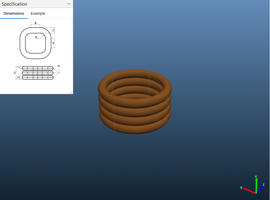 Four round secondary turns in an angled 3D view with the dimension sketch