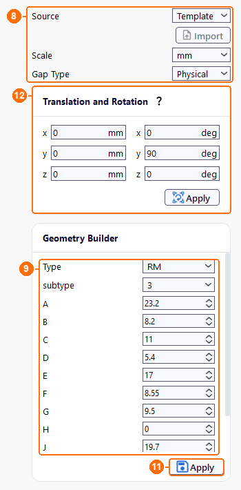 Group1core settings with Source, Scale, Gap Type, the RM dimensions, Apply and the 90 degree rotation about y