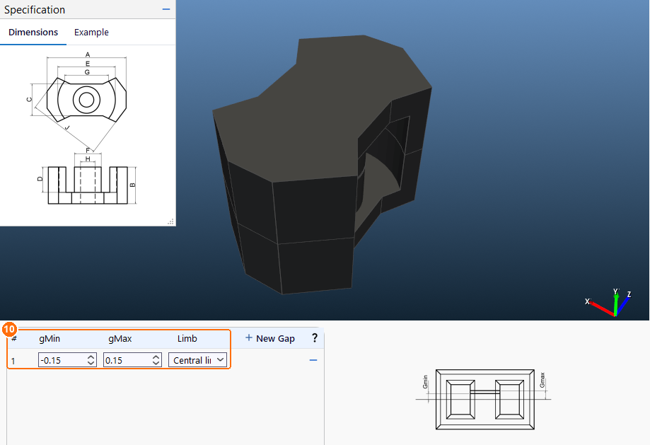 RM core in an angled 3D view with the dimension sketch and the gap table