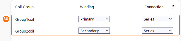 Coil group table with Group1coil Primary and Group2coil Secondary