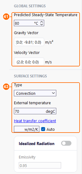 Heat global settings with 80 degrees and 2 m per s air, and surface settings with convection at 70 degrees and automatic coefficient