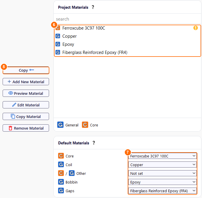 Materials tab with Copy, the four project materials and the default material per component