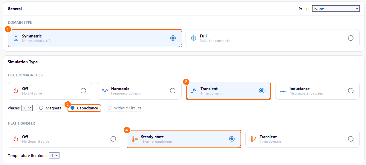 Setup tab with Symmetric, Transient, Capacitance and Steady-state selected