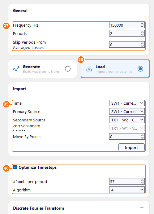 Waveform settings with 150000 Hz, 2 periods, Load, the imported columns and Optimize Timesteps