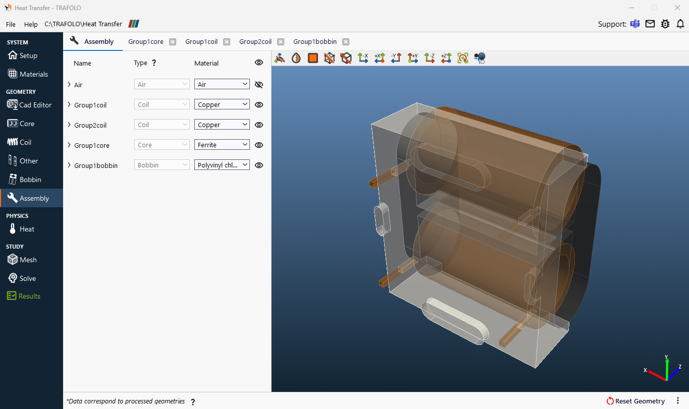 Assembly tab with the bodies and their materials, and the assembled inductor in an angled 3D view