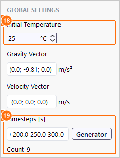 Heat tab global settings with initial temperature 25 degrees and nine time steps