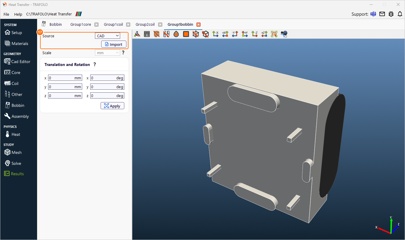 Group1bobbin tab with Source CAD and Import, and the PVC enclosure in an angled 3D view