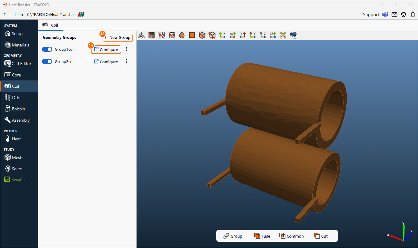 Coil tab with New Group and Configure, and both windings in an angled 3D view