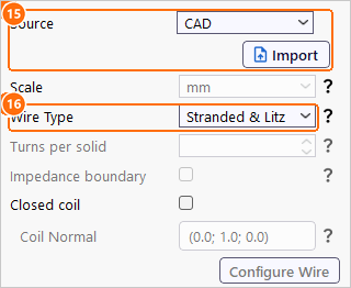 Group1coil settings with Source CAD, Import and Wire Type Stranded and Litz