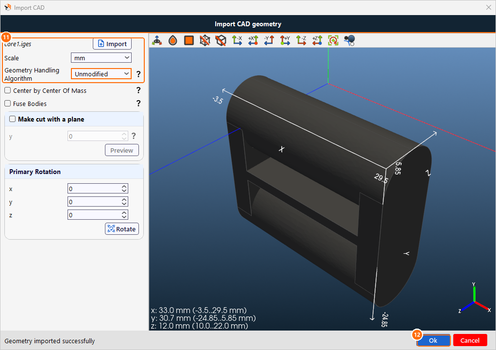 Import CAD geometry dialog with the core file, Scale mm and Unmodified, and the core in an angled view